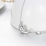 Sterling Silver Cute Bunny on the Moon Necklace for Women, Moonstone Pendant Necklaces, Birthday Gift for Women Girls