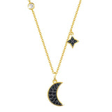 14K Yellow Gold Plated S925 Sterling Silver Black Cubic Zirconia CZ Moon Stars Pendant Necklace Fine Jewelry
