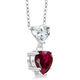 925 Sterling Silver Red Created Ruby and Sky Blue Aquamarine Double Heart Shaped Pendant Necklace For Women (2.08 Cttw with 18 Inch Silver Chain)