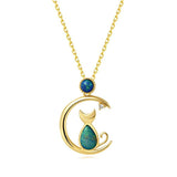 18K Solid Yellow Gold Diamond Real Genuine Natural Fire Opal Cat and Moon Pendant Necklace October Birthstone Fine Jewelry