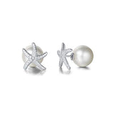  Silver Starfish Pearl Stud Earrings 