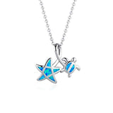 Turtle&Starfish Blue Created Opal Pendant Necklace