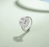 Wedding Engagement Promise Ring Rhodium Plated 925 Sterling Silver Emerald Cut Cubic Zirconia Halo Pave CZ Jewelry for Wife Lover Girlfriend