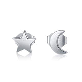Silver Crescent Moon and Star Stud Earrings