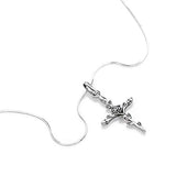 925 Sterling Silver Vintage Rose Flower Cross Pendant Necklace, 18 inch Snake Chain