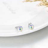 S925 Sterling Silver Round Stud Earrings Multicolor Aurora Borealis Crystals Round-Cut Ball Shaped Dazzling
