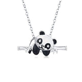 Silver Panda Kneeling on bamboo Necklace  
