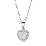  Silver White Fire Opal and CZ Halo Heart Necklace