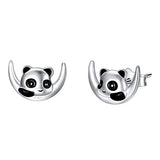 Silver Cute  panda on moon Animal Colections Stud Earrings 