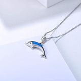 October Birthstone Ocean Collection 925 Sterling Silver Cute Dolphin Blue Created Opal Pendant Necklace Mother's Day Gifts Jewelry for Women Girls 18