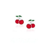 Small Summer Fruit Red Cherry Stud Earrings For Teen Women 925 Sterling Silver