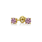 Tiny Cubic Zirconia Simulated Birthstone AAA CZ Round Solitaire Stud Earrings Real 14K Yellow Gold Screwback