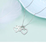 925 Sterling Silver Paw & CZ Heart Pendant Necklace  for Women