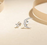 14K White Gold Plated 925 Sterling Silver Cubic Zirconia CZ Crescent Moon and Star Dainty Small Tiny Asymmetric Stud Earrings Jewelry Gifts