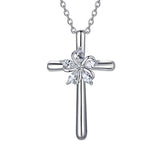 Silver  CZ Flower Cross Pendant Necklace 