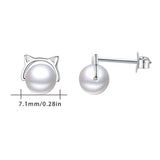 Cat Earrings Sterling Silver Pearl Stud Earrings   Rotating Pearl Hypoallergenic for Women