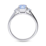 Rhodium Plated Sterling Silver 3-Stone Anniversary Promise Ring Made with Zirconia Blue Emerald Cut
