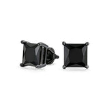 Black Square CZ Solitaire Princess Cut Stud Earrings For Men Women Screwback IP Plated 925 Sterling Silver