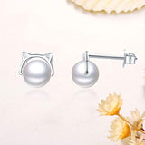 Cat Earrings Sterling Silver Pearl Stud Earrings   Rotating Pearl Hypoallergenic for Women