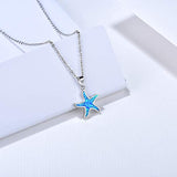 October Birthstone Ocean Collection 925 Sterling Silver Cute Starfish Blue Created Opal Pendant Necklace Mother's Day Gifts Jewelry for Women Girls 18