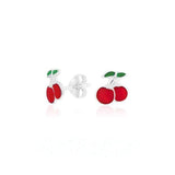 Small Summer Fruit Red Cherry Stud Earrings For Teen Women 925 Sterling Silver