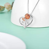 925 Sterling Silver Rose Flower Heart Necklace I Love You Forever Flower Pendant Jewelry for Women