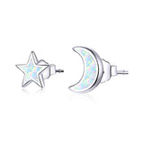Silver Moon Star Opal Stud Earrings