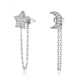 925 Sterling Silver Exquisite Moon and Star Chain Drop Earrings Precious Jewelry For Women