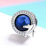 925 Sterling Silver Round Global Plane Charms Blue CZ Beads fit Women Bracelets Necklaces  Jewelry