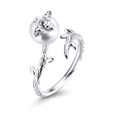 925 Sterling Silver Bee on the Pearl Open Adjustable Finger Rings for Girlfriend Elegant Fashion Jewelry