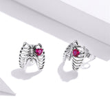 Sterling Silver Earrings For Women Punk Rib With Red Heart Stud Ear Pins