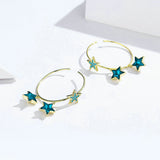 Crystal Blue Star Hoop Earrings for Women Mystery Stars Gold Color Korean Fashion Jewelry 925 Silver Metal