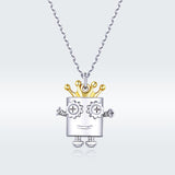 S925 Sterling Silver Crown Robot Pendant Necklace White and Gold Plated Necklace