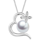 Love Butterfly Necklace Heart Shape Round Pearl Silver Necklace