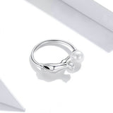 925 Sterling Silver Cute Cat with Pearl Ball Open Rings Fashion Wedding Jewelry For Women