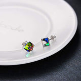 Sterling Silver Cube Stud Earrings with Rainbow Crystals from Swarovski  for Her Fine Jewelry Gifts for Women Girls
