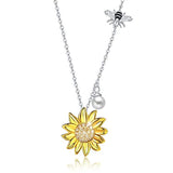 Silver Sunflower bee pearl Pendant Necklaces 