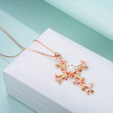 Cross Pendant Necklace Jewelry Gift for Women, Sterling Silver  Opal  Rose Gold Plated Leaf Necklace for Love God We Trust