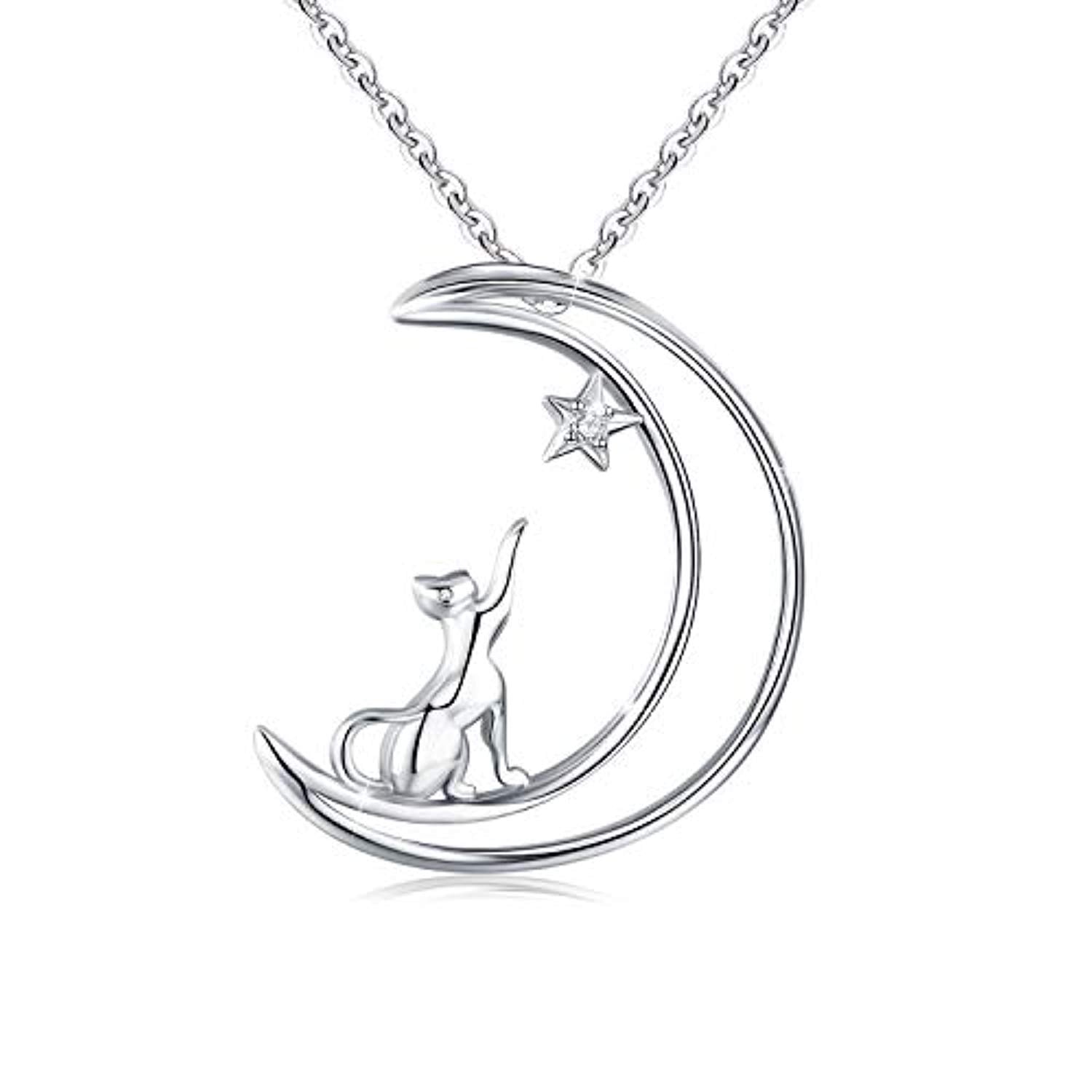 Sterling Silver Cat Opal  Necklace Cat on Crescent Moon Pendant Necklace Jewelry Gifts for Women