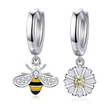 Silver Bee and Daisy Huggies Hoops Dangling Earrings
