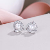 925 Sterling Silver CZ 4MM Pearl Cultured Pearl Triangle Stud Earrings for Prom or Bridal