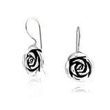 Rose Flower Drop Earrings French Wire For Women Black Antiqued Oxidized 925 Sterling Silver