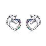  Silver Love Heart Cute Animal CZ Unicorn Stud Earrings