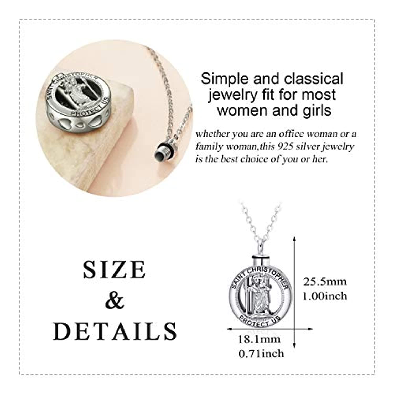 Saint Christopher Protect Us Necklace Urn Necklace for Ashes 925 Sterling Silver Religious Engraved Medallion Pendant Necklace Jewelry