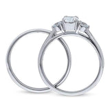 Rhodium Plated Sterling Silver 3-Stone Anniversary Engagement Wedding Ring Set Made with Zirconia Oval Cut