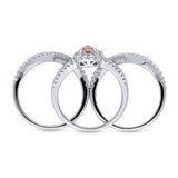 Rhodium Plated Sterling Silver Halo Engagement Wedding Split Shank Ring Set Made with Swarovski Zirconia Morganite Color Pear Cut