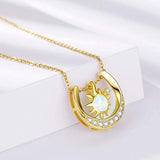 S925 Sterling Silver Horseshoe Necklace with White Opal 14K Gold Plated Sun Pendant Lucky U Jewelry for Women