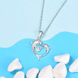 Sterling Silver Dolphins with CZ Heart Pendant Necklace Love You Forever Ocean Jewelry for Women Gift