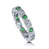 Rhodium Plated Sterling Silver Simulated Emerald Cubic Zirconia CZ Art Deco Anniversary Wedding Eternity Band Ring