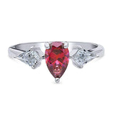 Rhodium Plated Sterling Silver Red Pear Cut Cubic Zirconia CZ 3-Stone Anniversary Promise Engagement Ring